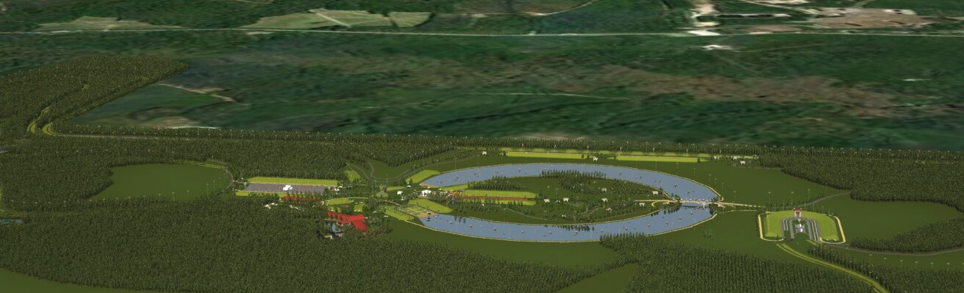 Aerial rendering of the TriHabitat oval lake and venue loop