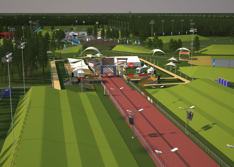Rendering of the TriHabitat finish-line stadium and track