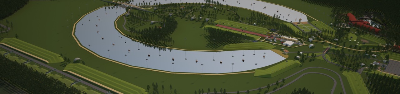 Aerial rendering of the TriHabitat endurance sports park with its custom swim lake loop