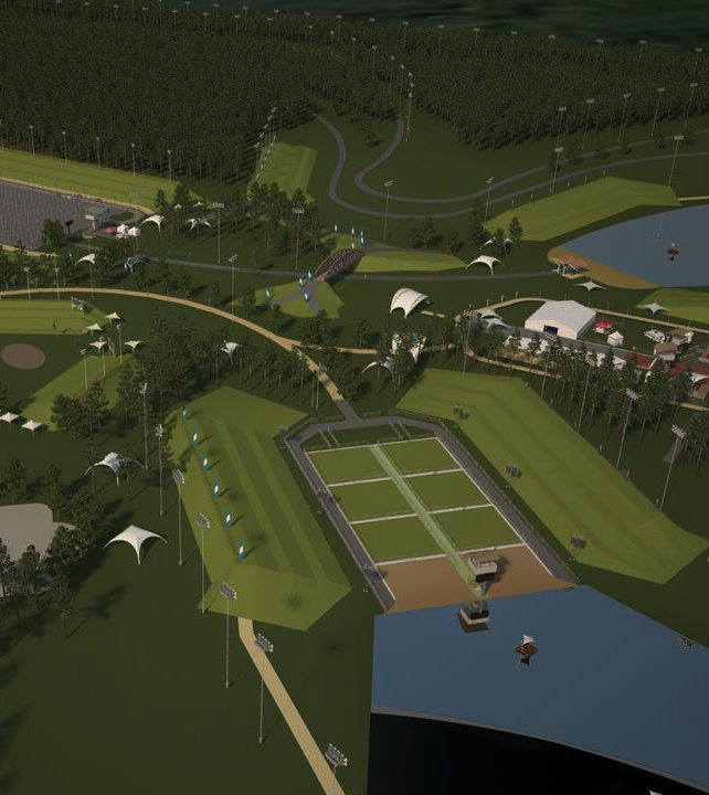 Aerial rendering of the full TriHabitat multi-venue complex